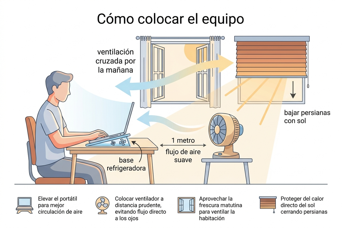 Guía de colocación del equipo de teletrabajo en un piso pequeño: ventilación cruzada por la mañana, ventilador a un metro del cuerpo y portátil sobre base refrigeradora