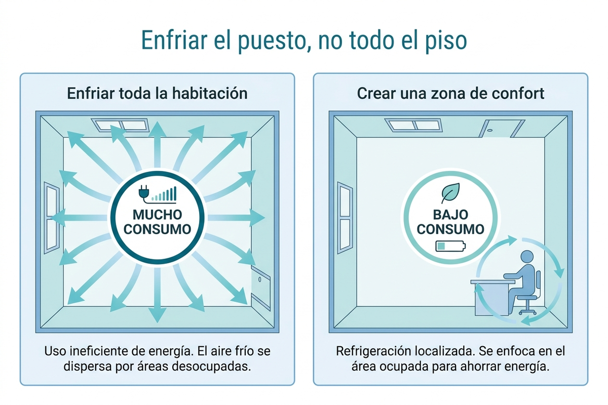 Infografía que compara enfriar toda la habitación frente a crear una zona de confort de uno o dos metros alrededor del puesto de teletrabajo