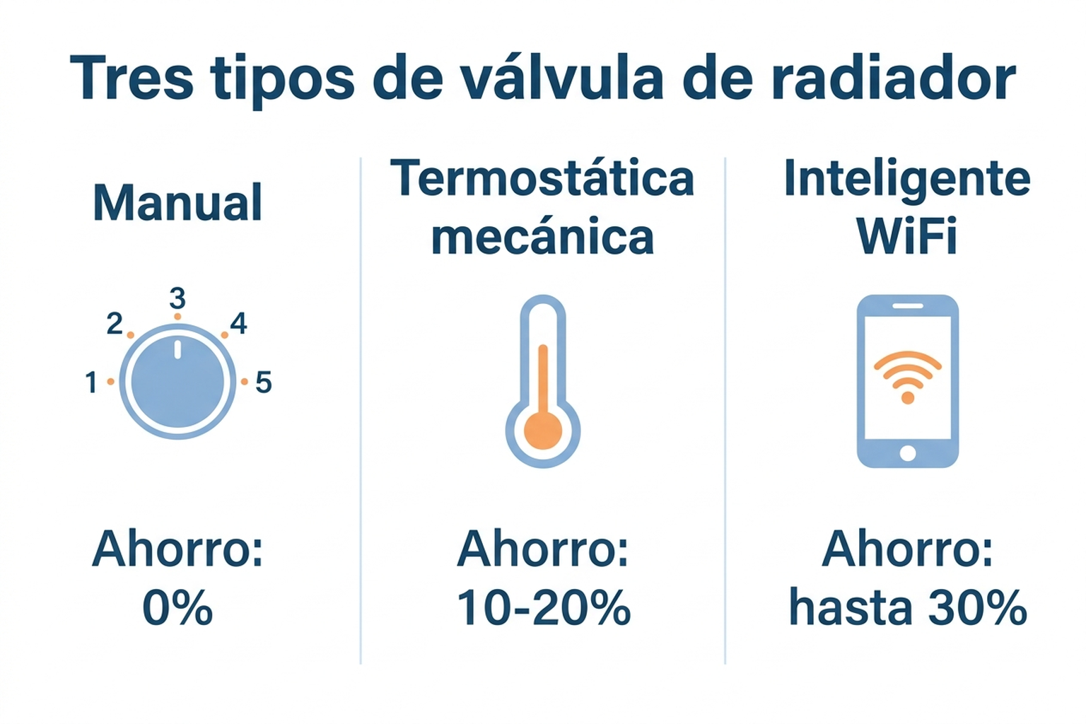 Comparativa de tres tipos de válvula de radiador: manual, termostática mecánica e inteligente WiFi, con su ahorro estimado
