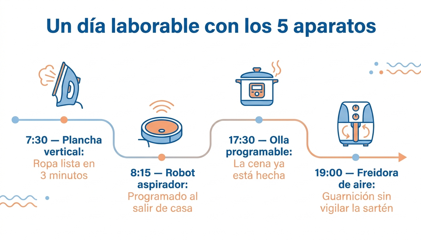 Línea de tiempo de un día laborable: plancha vertical a las 7:30, robot aspirador programado al salir a las 8:15, olla programable con la cena hecha a las 17:30 y freidora de aire para la guarnición a las 19:00