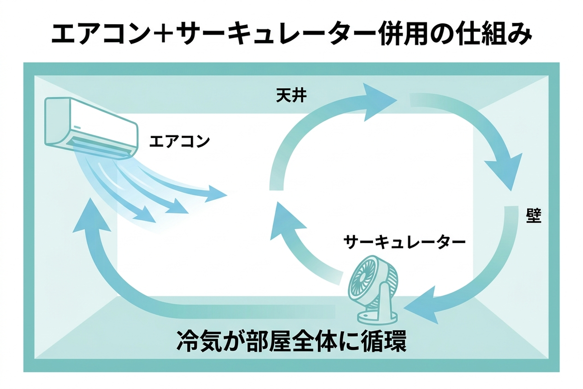 エアコンとサーキュレーターを併用したときの空気循環の仕組みを示す日本語の図解