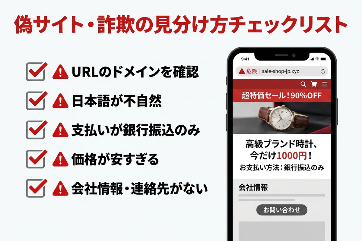 偽サイト・詐欺の見分け方チェックリストを示した日本語の図解