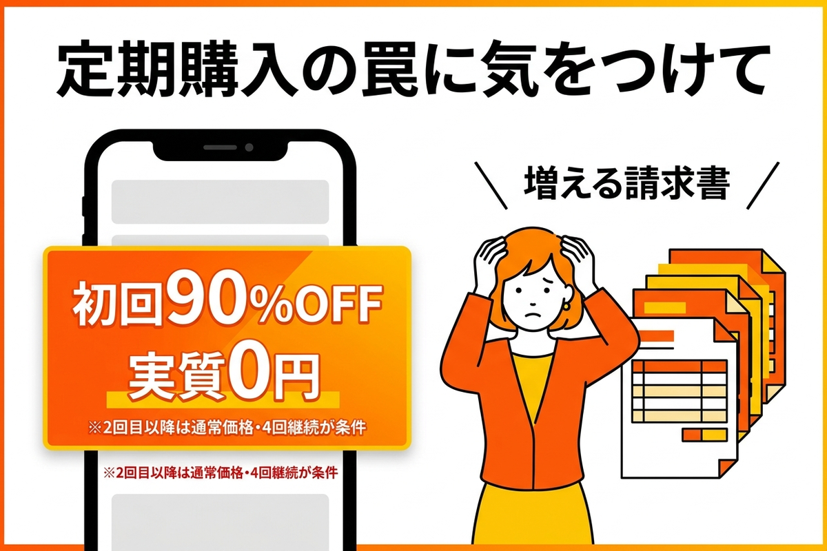 定期購入の罠を示した日本語の図解。初回90%OFFの裏に継続条件がある