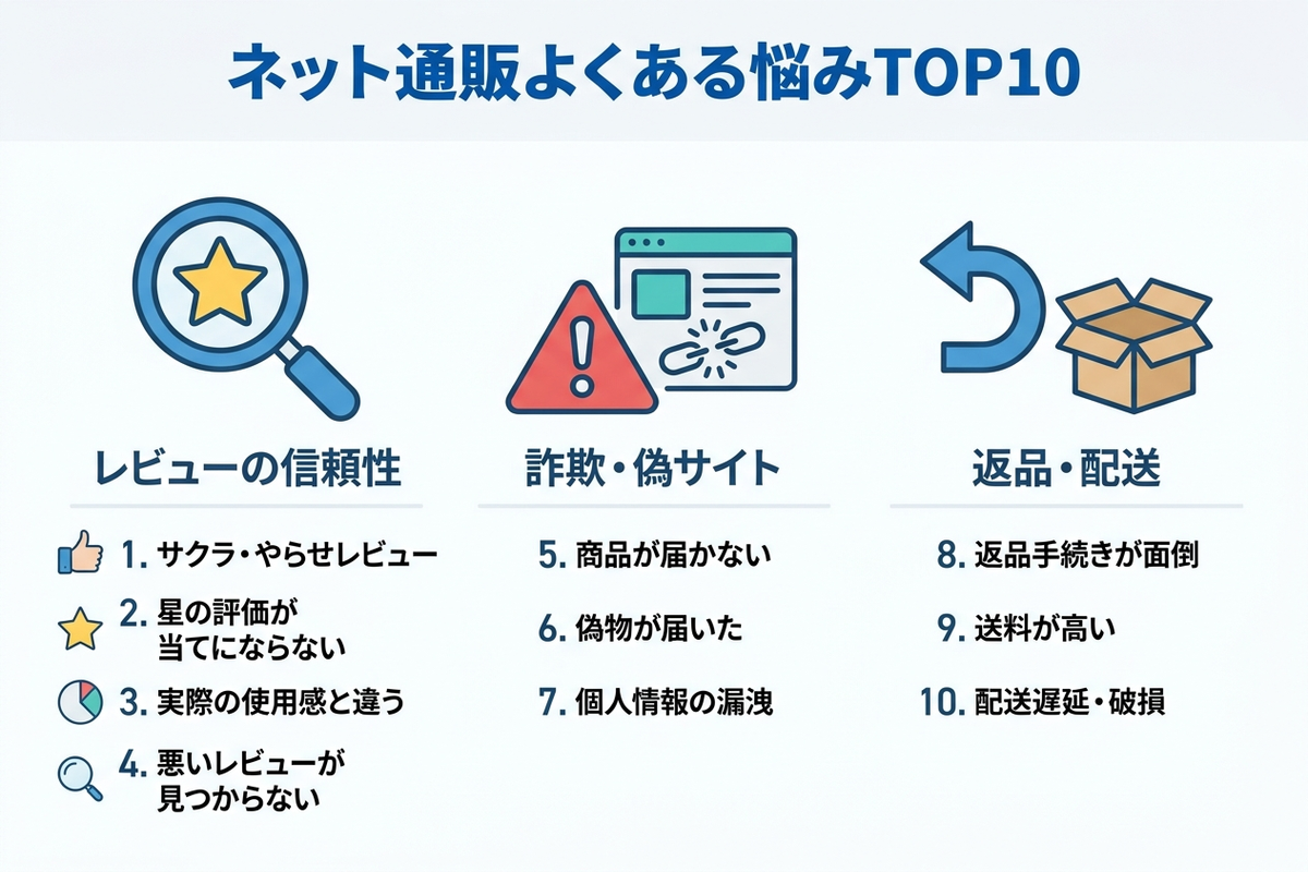 ネット通販よくある悩みTOP10をレビュー・詐欺・返品の3カテゴリで示した日本語の図解