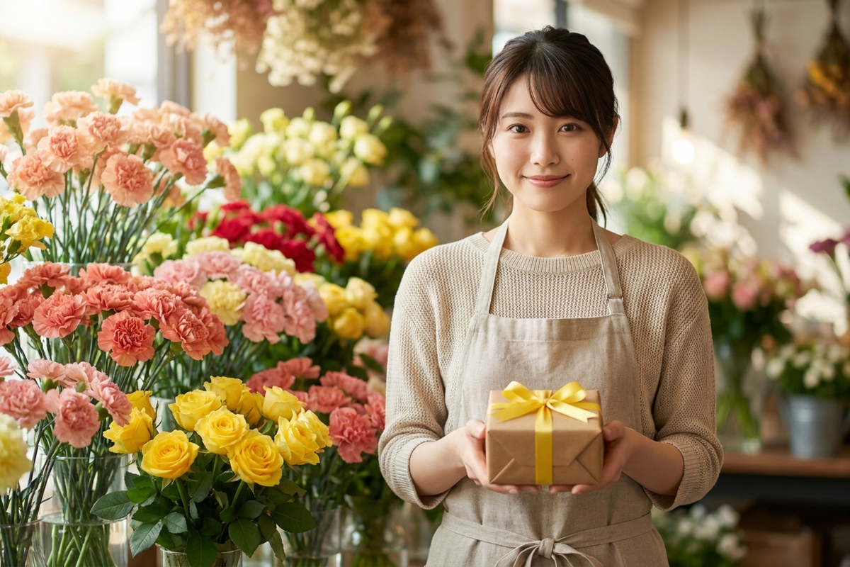 父の日ギフトを選ぶ若い女性