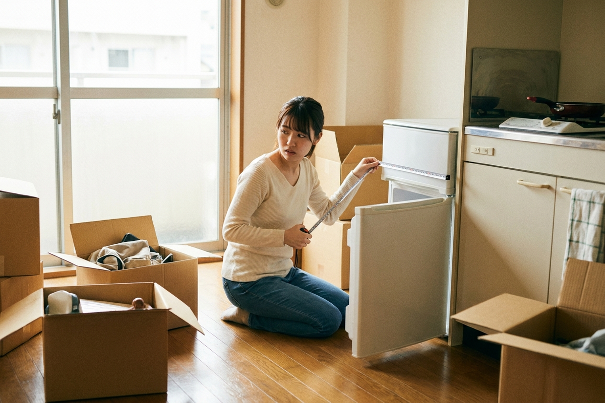 新生活の部屋で家電のサイズを確認する一人暮らしの大学生