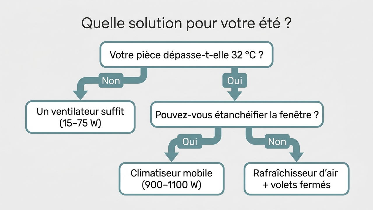 Arbre de décision en français : quelle solution de fraîcheur pour l'été ? À partir de la température de la pièce (au-dessus ou en dessous de 32 °C) et de la possibilité d'étanchéifier la fenêtre, le chemin mène vers ventilateur, climatiseur mobile ou rafraîchisseur d'air