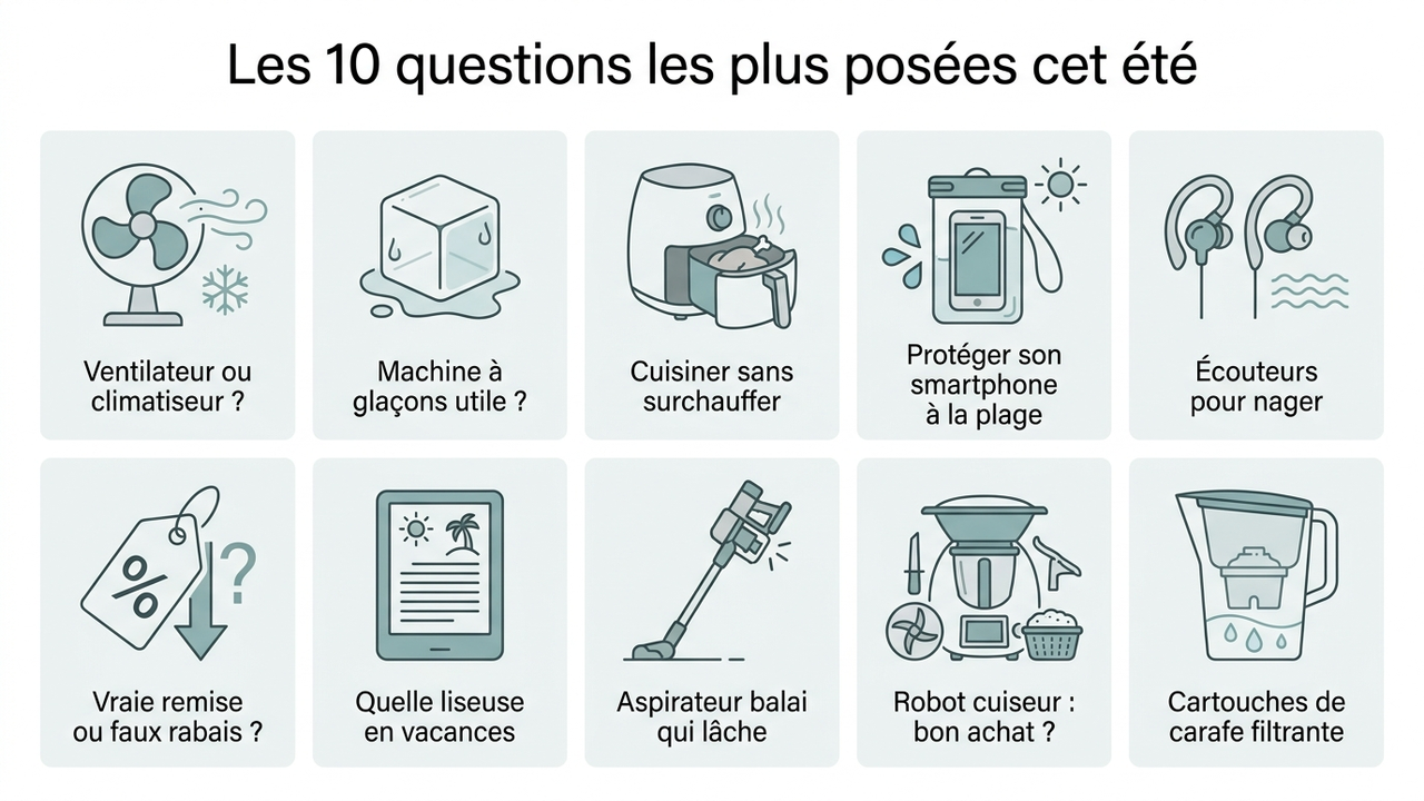Grille des dix questions les plus posées à l'assistant d'achat à l'été 2026, présentées en tuiles avec pictogrammes : ventilateur ou climatiseur, machine à glaçons, cuisiner sans surchauffer, protéger son smartphone à la plage, écouteurs pour nager, vraie remise ou faux rabais, quelle liseuse en vacances, aspirateur balai qui lâche, robot cuiseur, cartouches de carafe filtrante