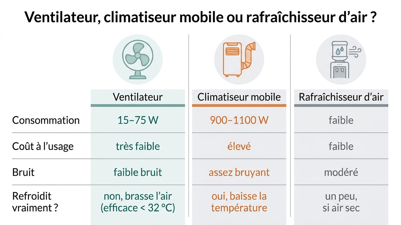 Comparatif en français entre ventilateur, climatiseur mobile et rafraîchisseur d'air : consommation en watts, coût à l'usage, bruit et capacité à refroidir réellement