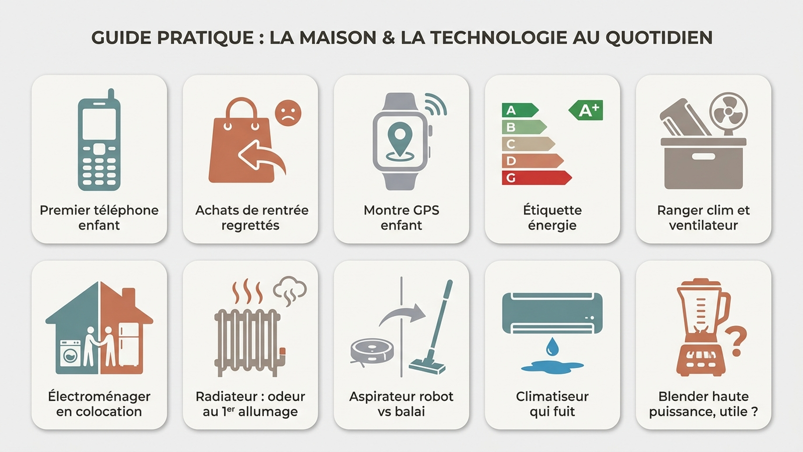 Grille des 10 questions les plus posées à l'assistant d'achat à la rentrée 2026, en tuiles avec pictogrammes : premier téléphone enfant, achats de rentrée regrettés, montre GPS enfant, étiquette énergie, ranger clim et ventilateur, électroménager en colocation, radiateur odeur au premier allumage, aspirateur robot vs balai, climatiseur qui fuit, blender haute puissance