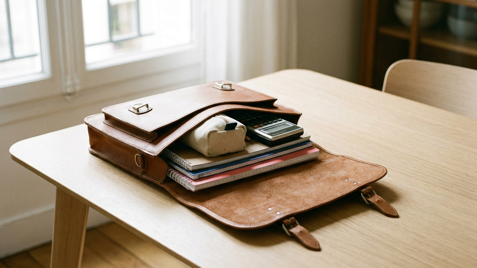 Cartable de rentrée scolaire ouvert sur une table en bois clair avec cahiers, trousse et calculatrice bien rangés, lumière naturelle douce, aucun texte visible, aucune personne