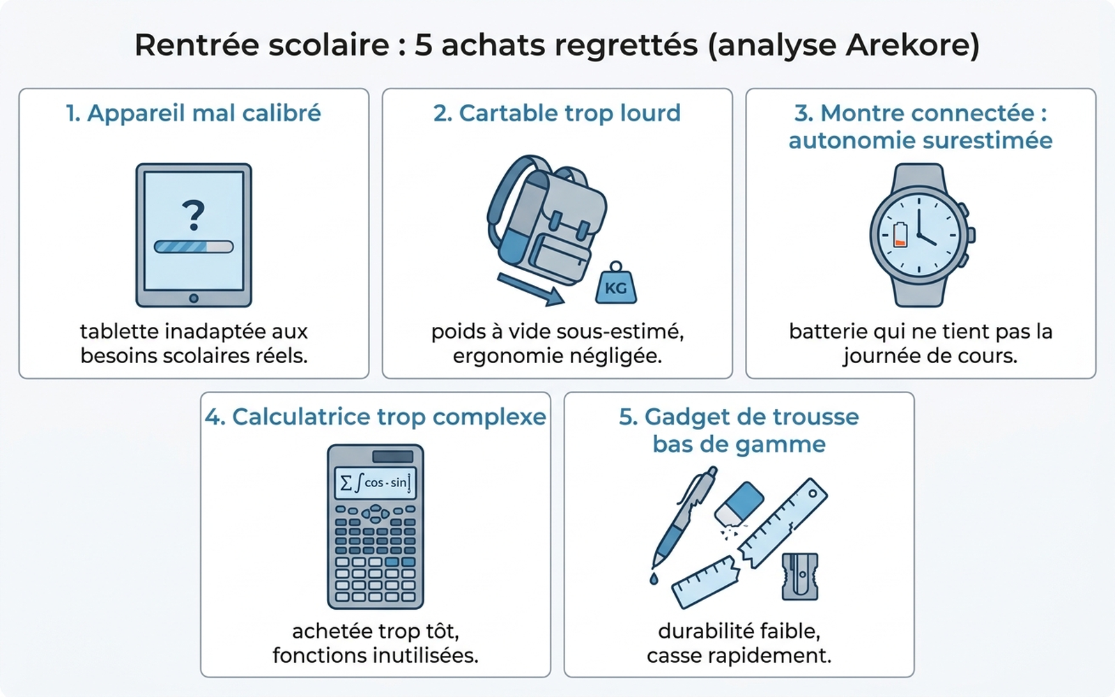Infographie en français présentant les 5 catégories de regret d'achat de rentrée scolaire identifiées par l'IA Arekore : appareil mal calibré, cartable trop lourd, montre connectée décevante, calculatrice trop complexe, gadget de trousse bas de gamme