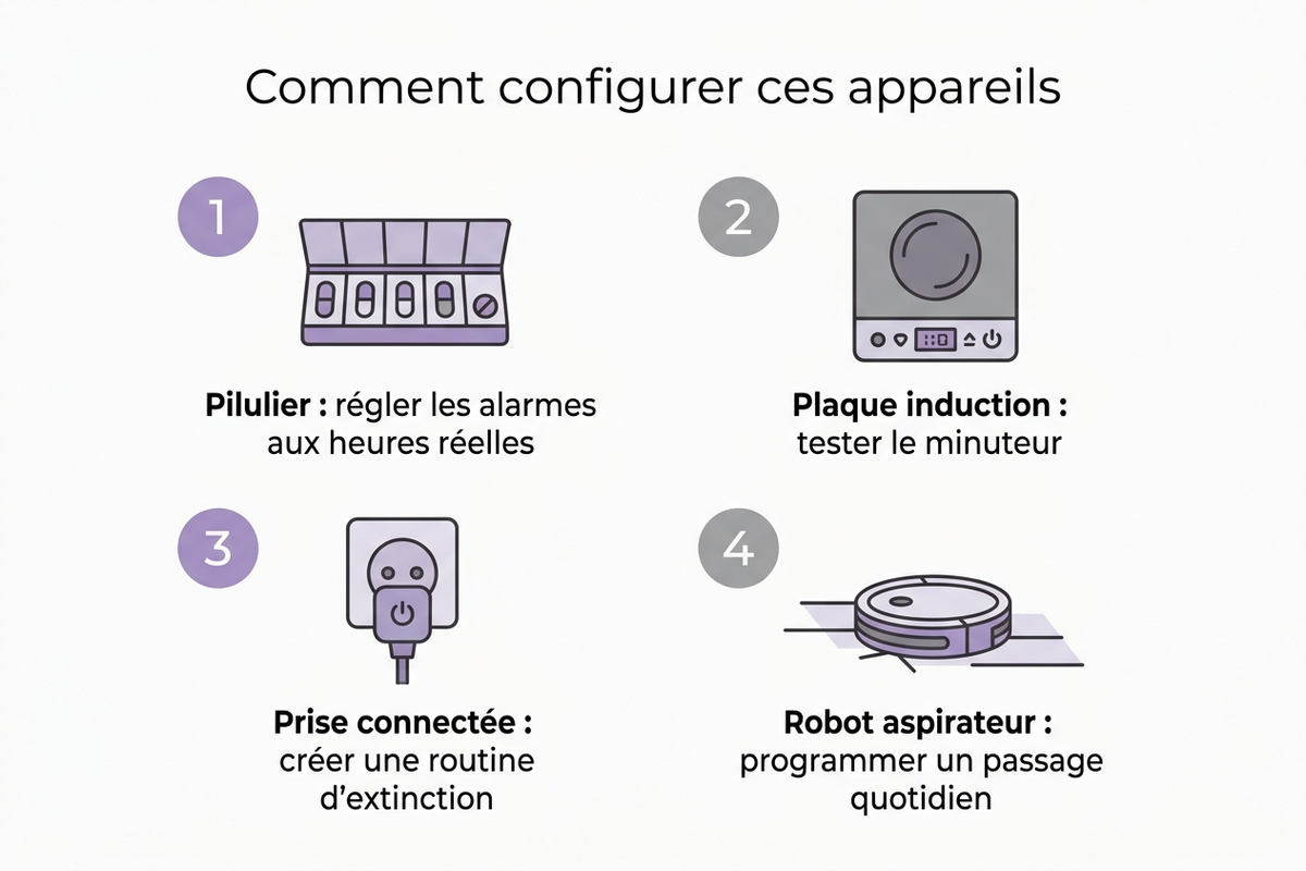 Schéma montrant comment configurer les sécurités : plaque induction, pilulier, prise connectée