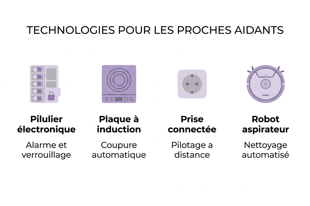 Infographie comparant 4 approches technologiques pour aidants familiaux : pilulier électronique, plaque induction sécurisée, prise connectée, robot aspirateur