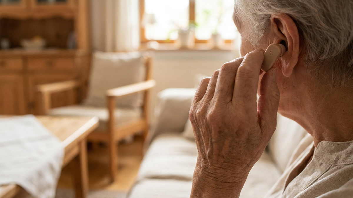 Personne âgée souriante portant un petit dispositif auditif discret derrière l'oreille