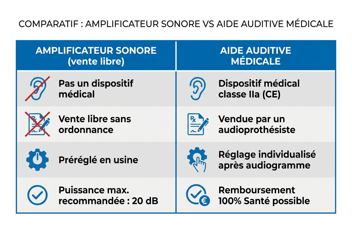 Comparaison réglementaire amplificateur sonore et aide auditive médicale