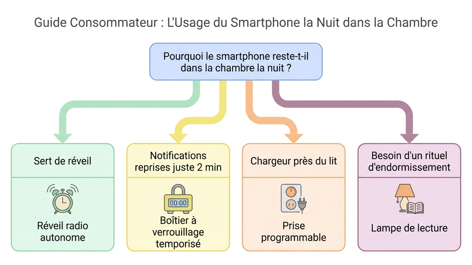 Arbre de décision : selon la raison de garder le téléphone la nuit (alarme, notifications, chargeur dans la chambre, besoin d'un rituel d'endormissement), choisir réveil autonome, boîtier temporisé, prise programmable ou lampe liseuse