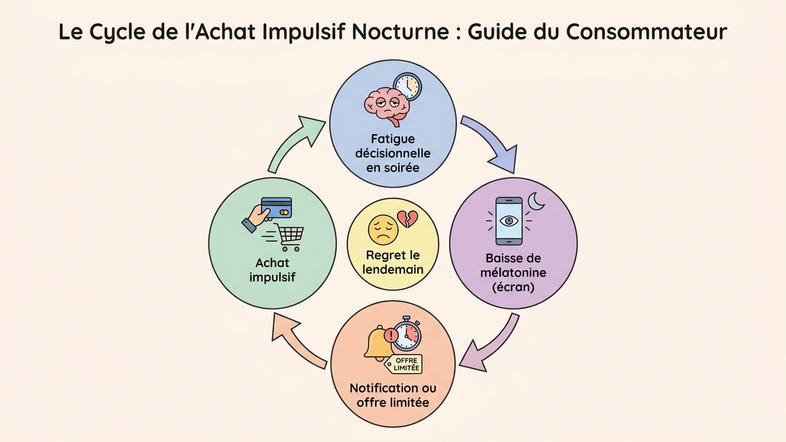 Schéma du cercle de l'achat nocturne : fatigue décisionnelle, baisse de mélatonine, notification ou offre à durée limitée, achat impulsif, regret le lendemain