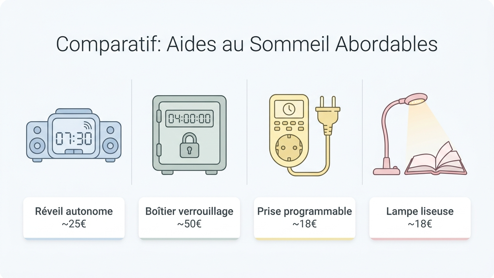 Comparatif des quatre solutions : réveil autonome environ 25 euros, boîtier de verrouillage environ 50 euros, prise programmable environ 18 euros, lampe liseuse environ 18 euros
