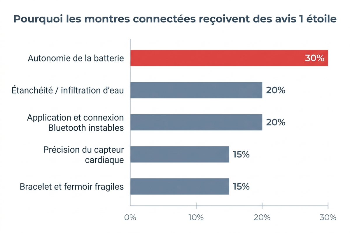Infographie en français montrant la répartition des motifs des avis 1 étoile sur les montres connectées : autonomie de la batterie 30%, étanchéité 20%, application et Bluetooth 20%, capteur cardiaque 15%, bracelet et fermoir 15%