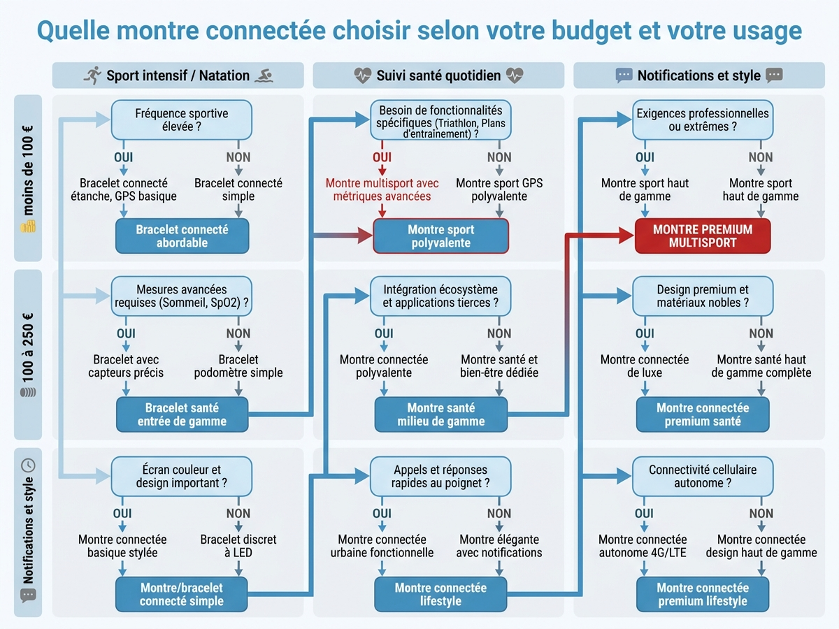 Arbre de décision en français pour choisir une montre connectée selon le budget (moins de 100 euros, 100 à 250 euros, plus de 250 euros) et l'usage (sport intensif et natation, suivi santé quotidien, notifications et style)