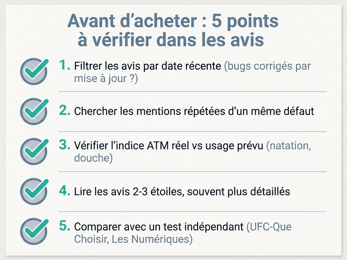 Infographie en français listant 5 points à vérifier avant d'acheter une montre connectée en lisant les avis clients : filtrer par date récente, chercher les mentions répétées, vérifier l'indice ATM réel, lire les avis 2-3 étoiles, comparer avec un test indépendant