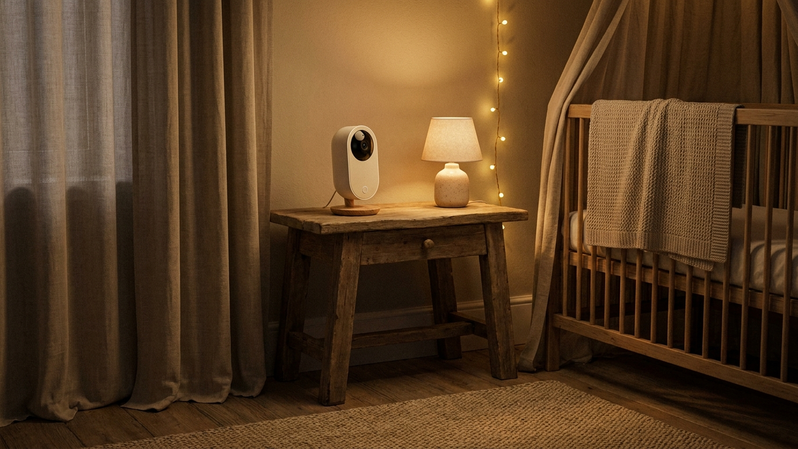 Babyphone posé sur une table de chevet dans une chambre d'enfant faiblement éclairée, ambiance nocturne neutre, sans texte