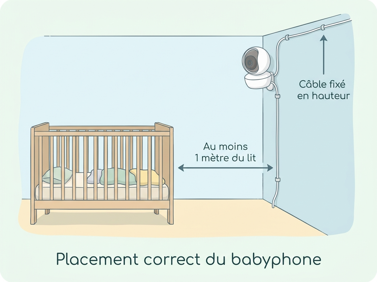 Guide illustré du positionnement correct d'un babyphone dans une chambre d'enfant : à au moins un mètre du lit, hors de portée de l'enfant, câble fixé au mur et loin des sources de bruit parasite