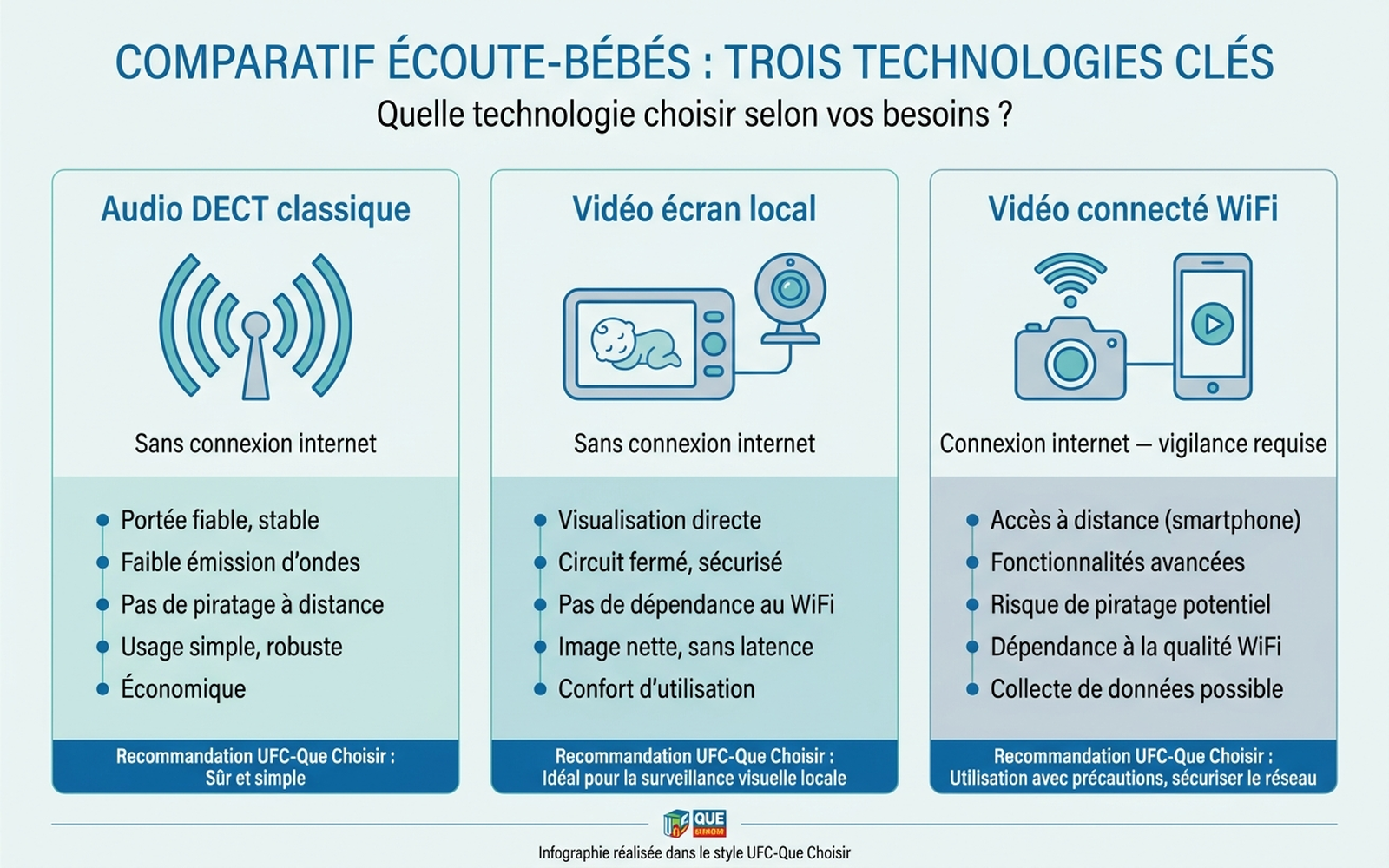 Infographie comparant trois familles de babyphones : audio DECT classique, vidéo avec écran parental local, et vidéo connecté WiFi avec application smartphone, avec leurs niveaux de risque de sécurité respectifs