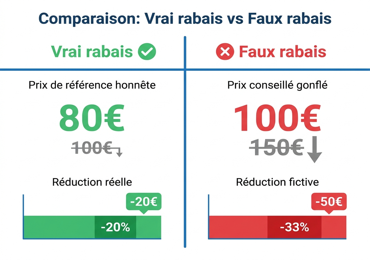 Comparaison entre un vrai rabais et un faux rabais