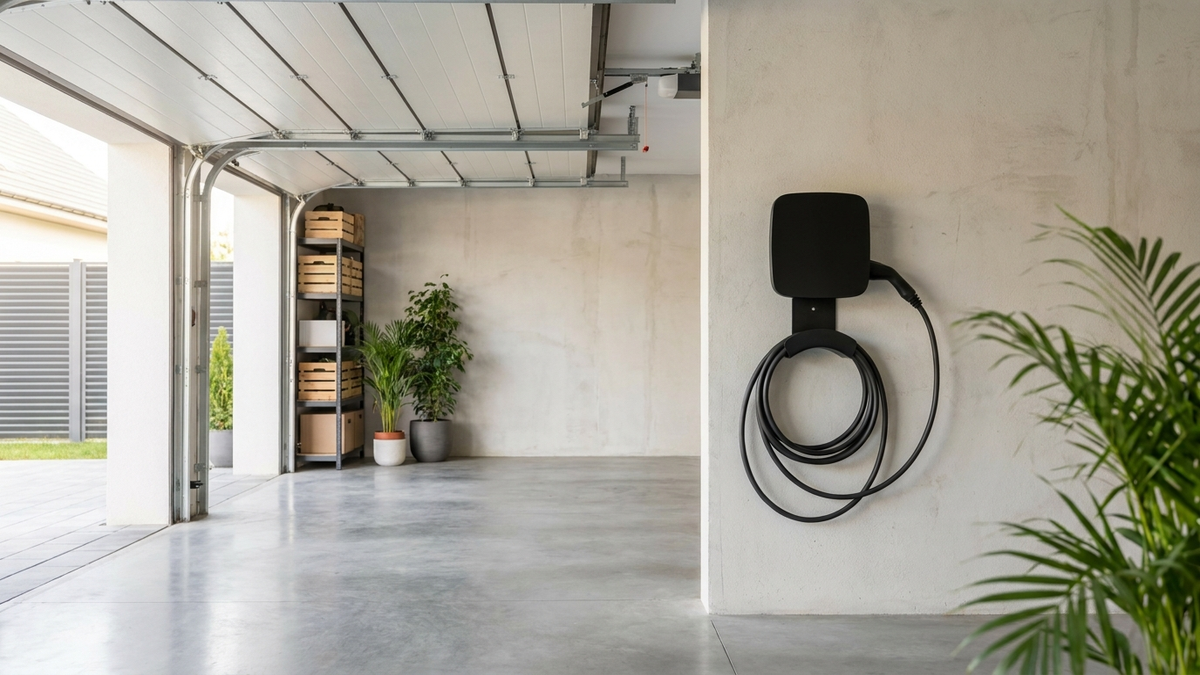 Garage résidentiel avec une borne de recharge murale installée à côté d'une place de stationnement, lumière naturelle du matin