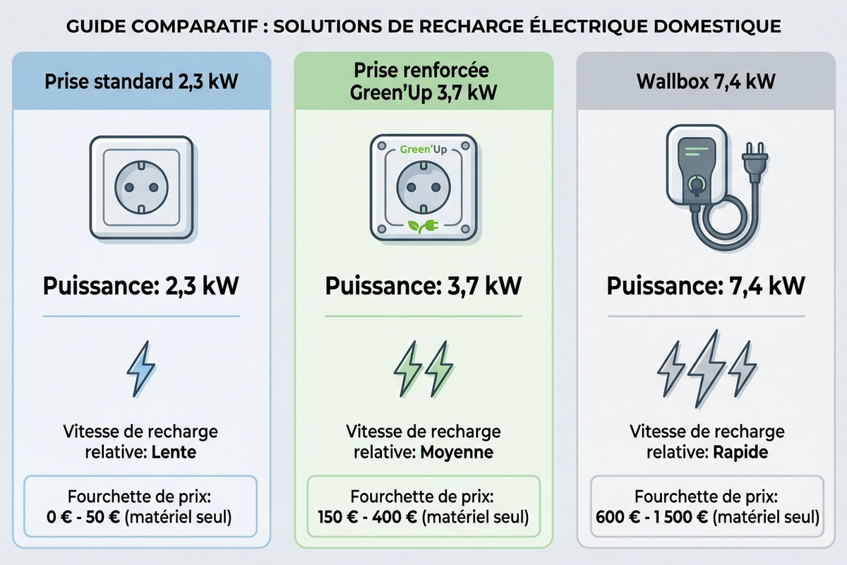 Infographie comparant prise standard, prise renforcée Green'Up et wallbox 7,4 kW selon puissance, prix et vitesse de recharge