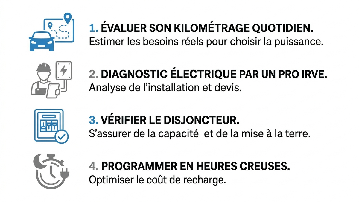 Infographie en 4 étapes pour choisir et faire installer sa borne de recharge domestique en toute sécurité