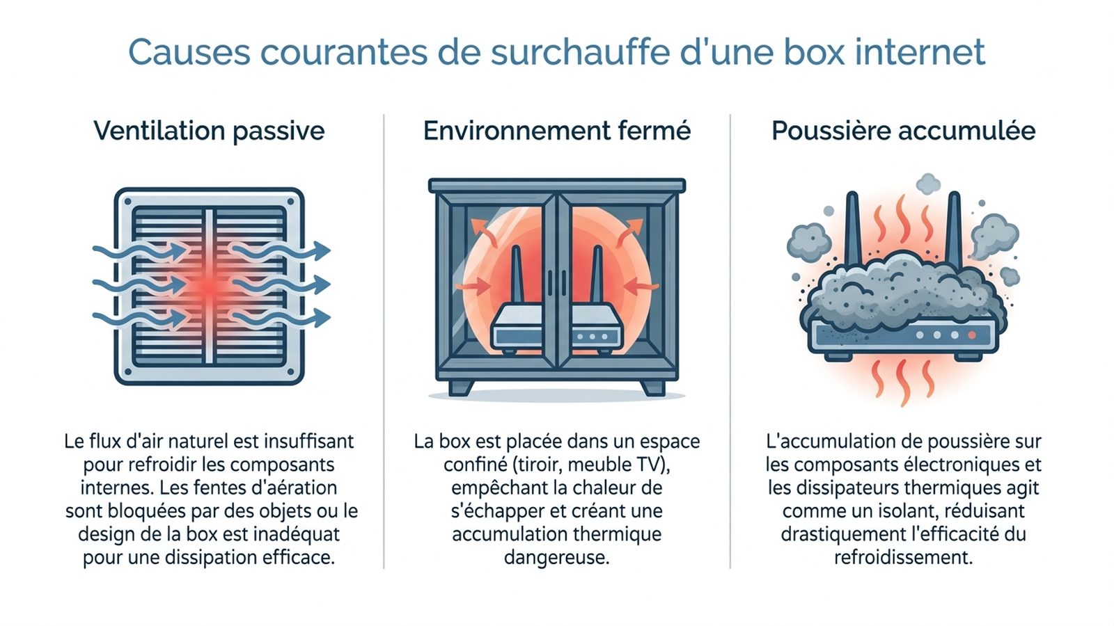 Comparatif des 3 facteurs de surchauffe d'une box internet : ventilation, environnement, poussière