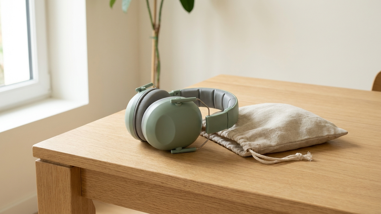 Casque anti-bruit pour enfant posé sur une table avec sa pochette de rangement