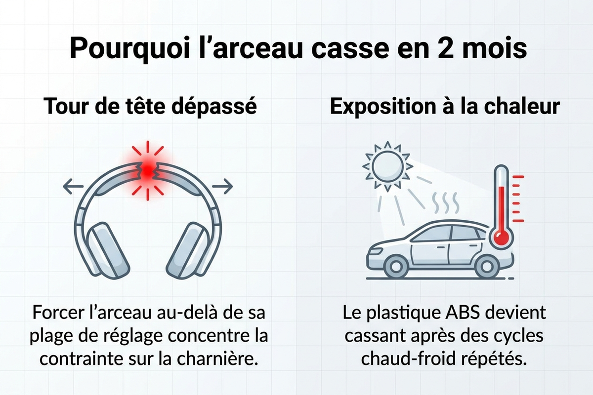 Infographie comparant les deux causes principales de casse précoce d'un casque anti-bruit enfant : tour de tête dépassé et exposition à la chaleur
