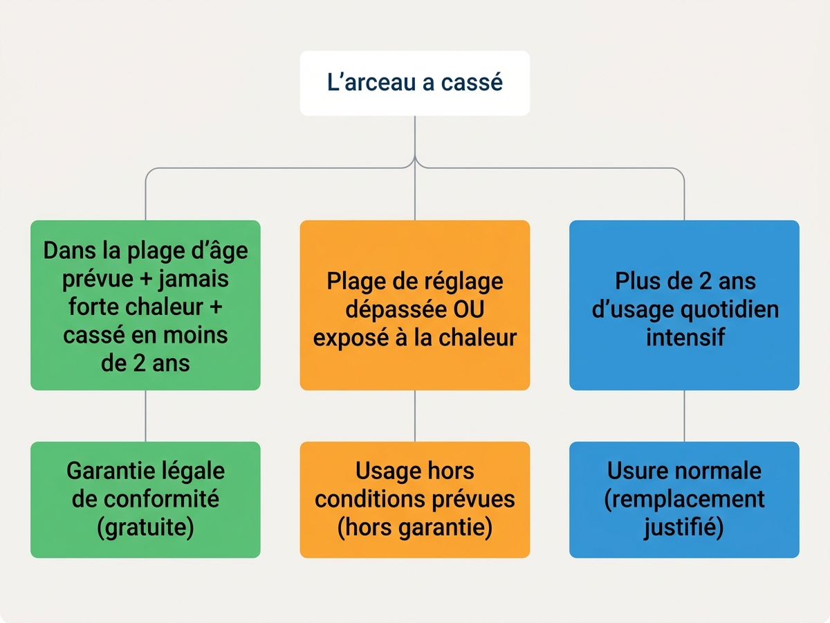 Arbre de décision pour diagnostiquer la casse d'un casque anti-bruit enfant : garantie, usage hors plage ou usure normale