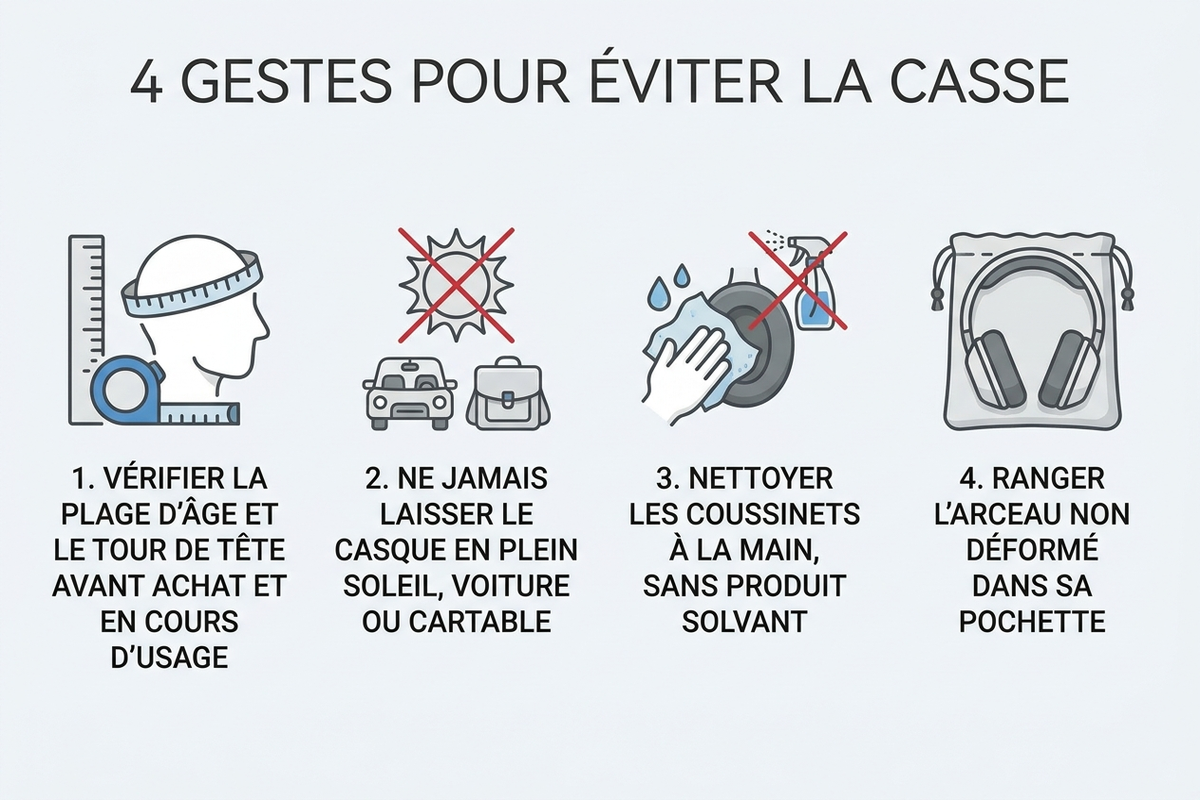 Infographie en 4 étapes : bon usage d'un casque anti-bruit enfant pour éviter la casse précoce