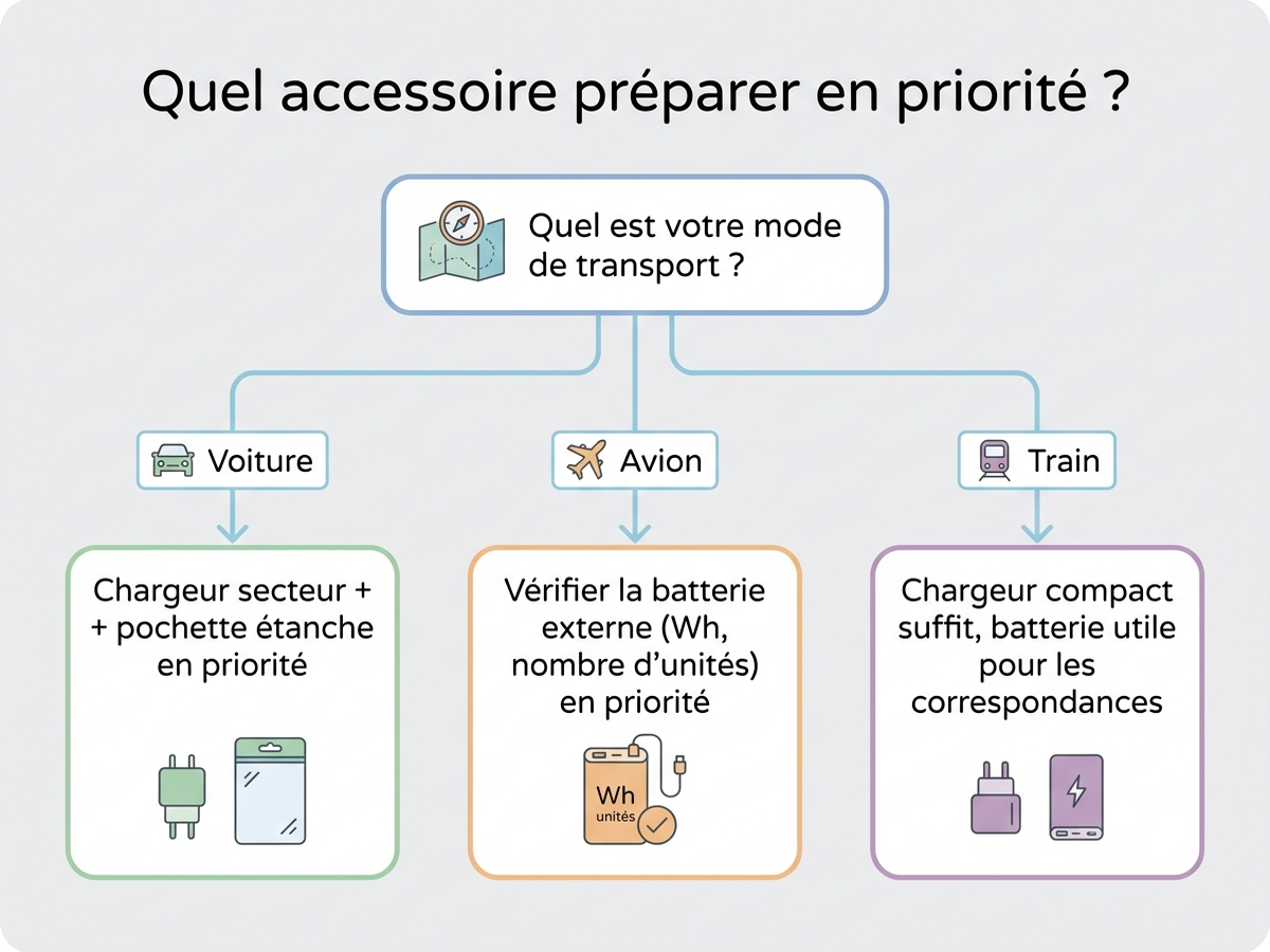 Arbre de décision : quel accessoire tech préparer en priorité selon le mode de transport choisi pour le grand départ, voiture, avion ou train