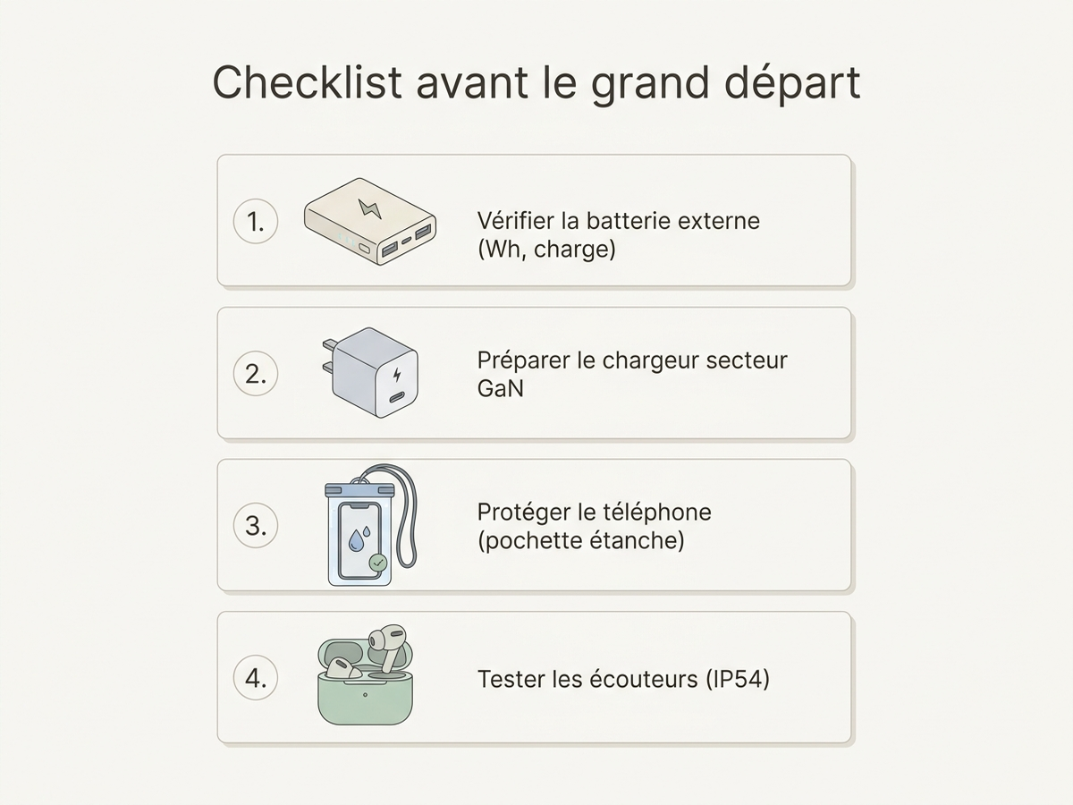 Checklist illustrée en quatre étapes avant le grand départ : vérifier la batterie externe, préparer le chargeur, protéger le téléphone, tester les écouteurs