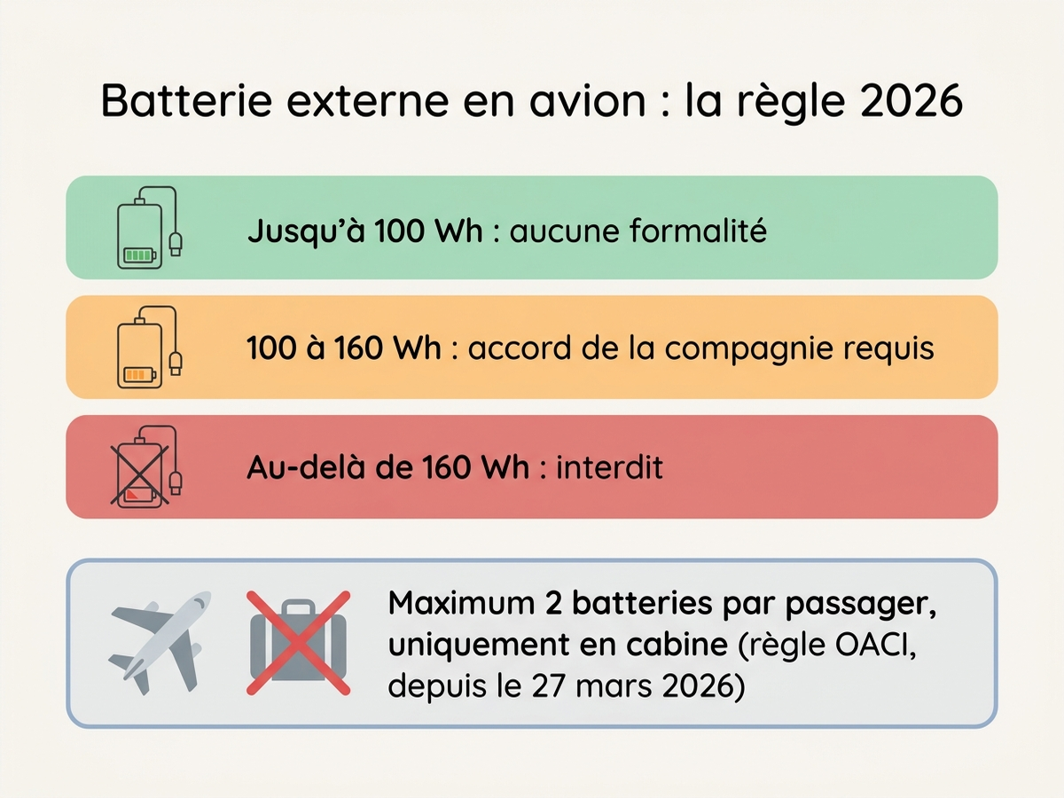 Infographie expliquant la règle OACI 2026 sur les batteries externes en avion : deux batteries maximum par passager, uniquement en cabine, seuil de 100 Wh sans formalité