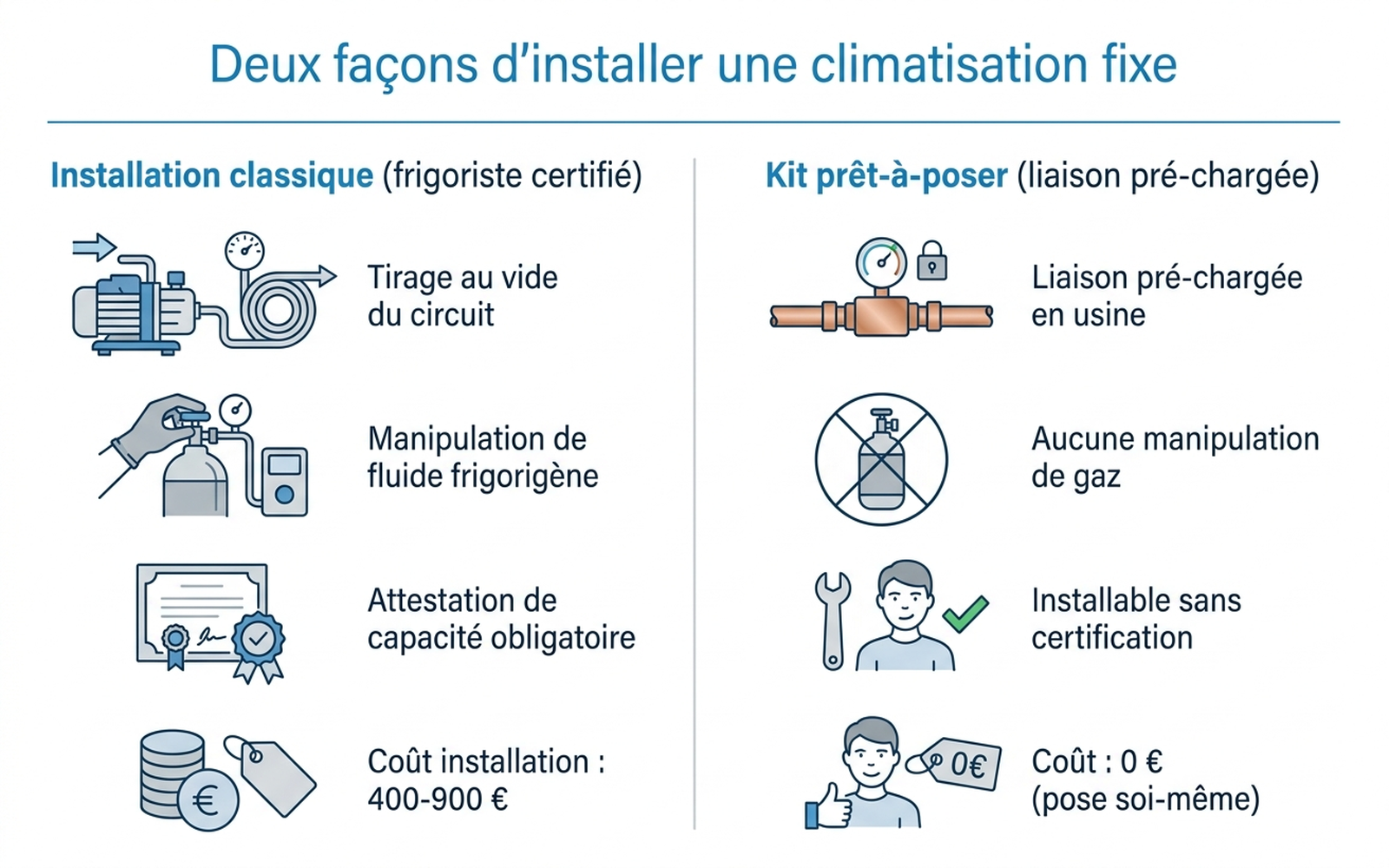 Comparaison entre installation classique par frigoriste certifié et kit prêt-à-poser pré-chargé