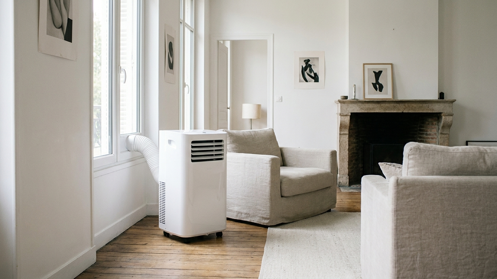Climatiseur mobile blanc posé près d'une fenêtre dans un salon lumineux