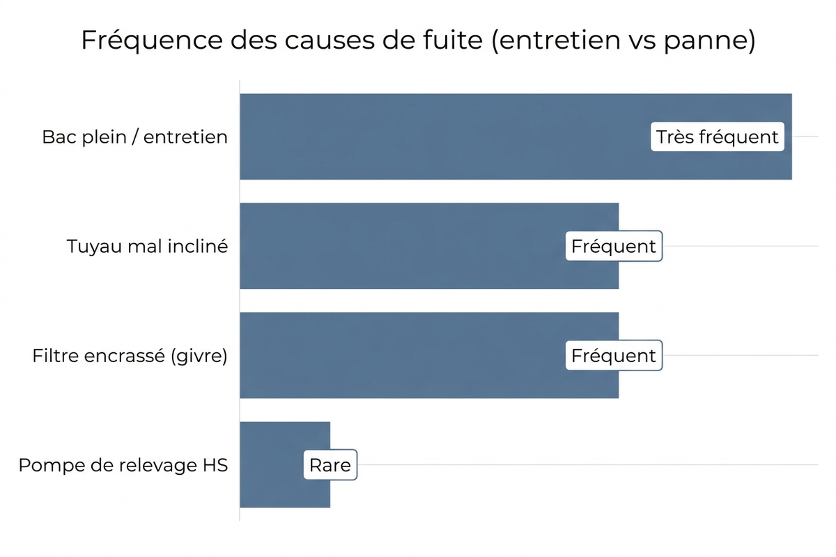 Fréquence relative des causes de fuite, de l'entretien courant à la panne rare