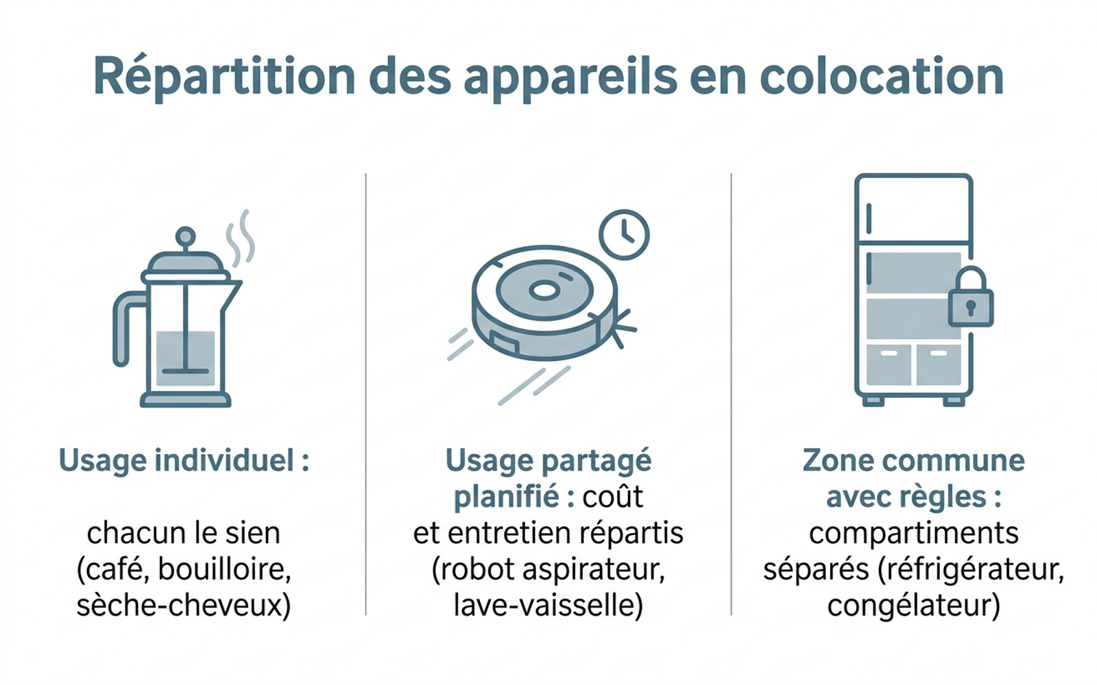 Répartition des appareils en colocation : individuel, partagé planifié, zone commune
