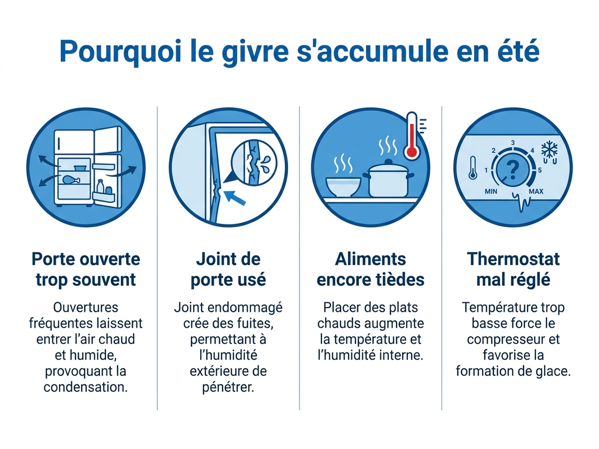 Infographie : les 4 causes principales du givre en été dans un congélateur