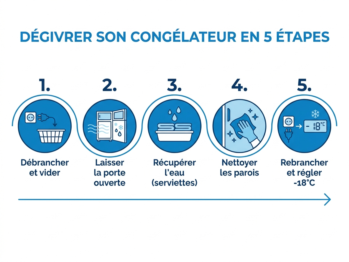 Infographie : les 5 étapes pour dégivrer un congélateur