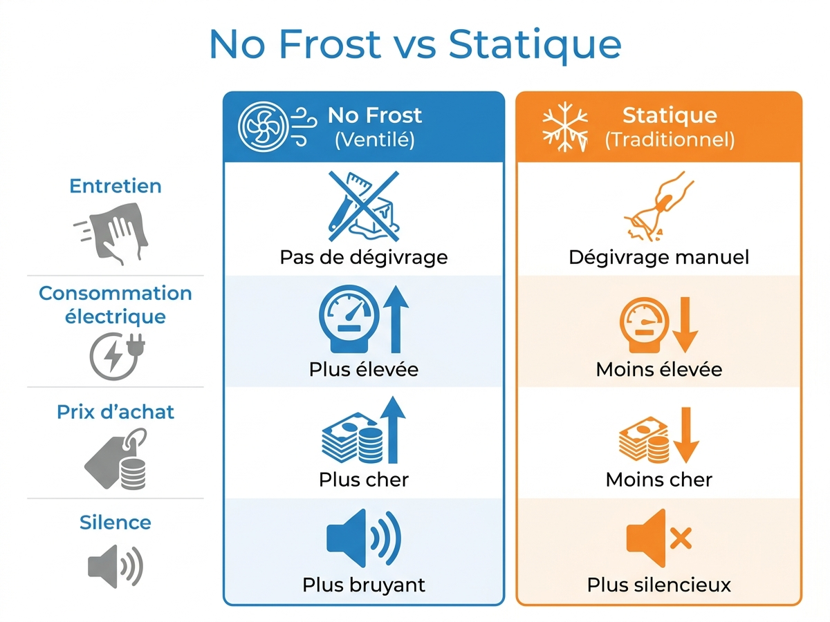 Infographie comparant congélateur No Frost et congélateur statique