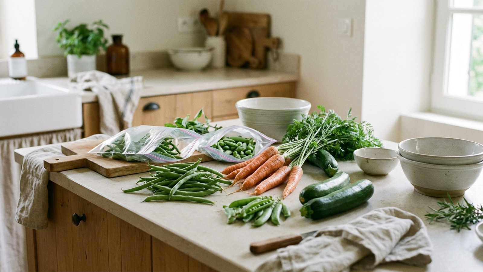 Légumes du jardin fraîchement récoltés posés près de sacs de congélation sur un plan de travail