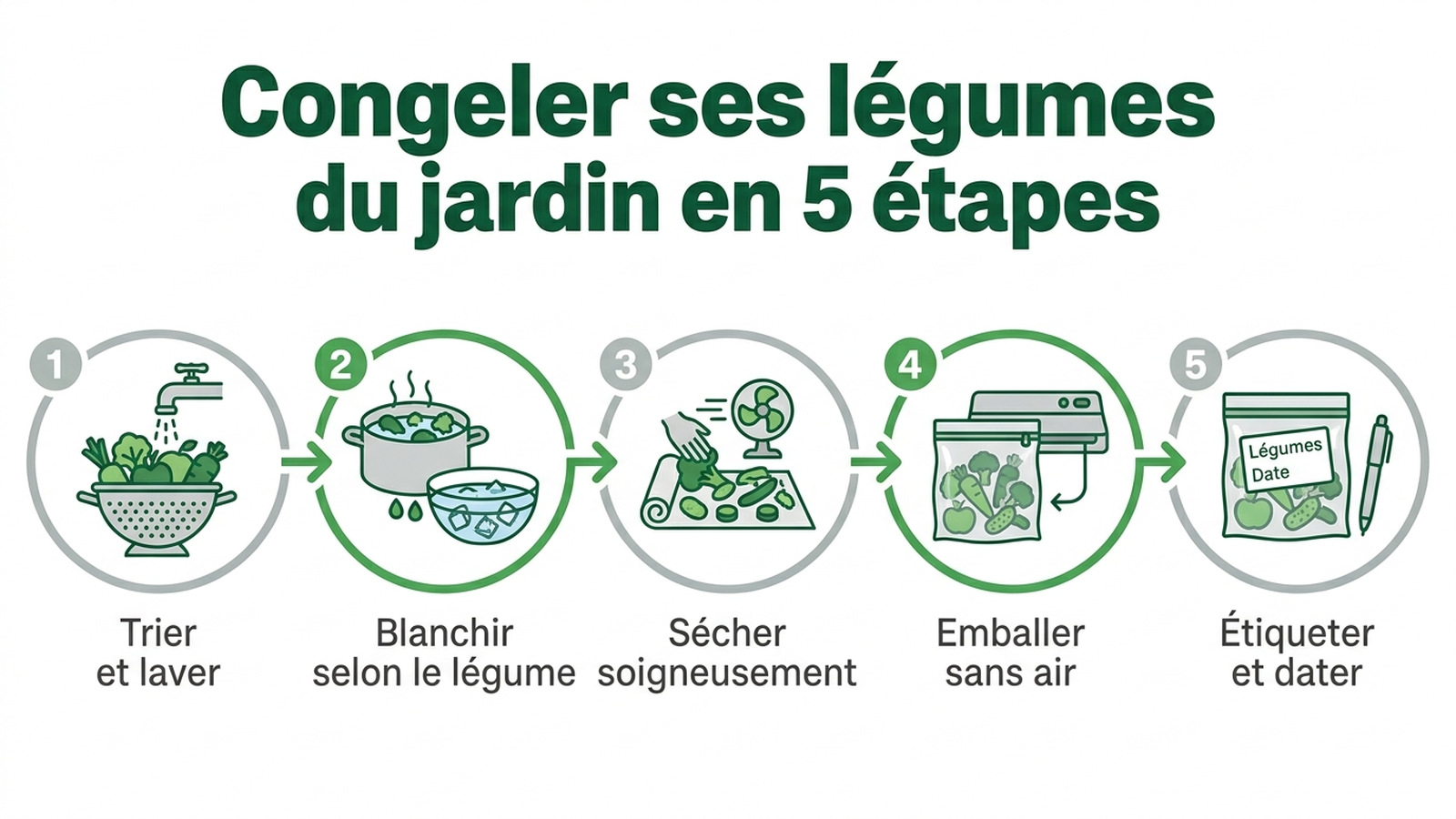 Infographie des 5 étapes pour congeler correctement les légumes du potager